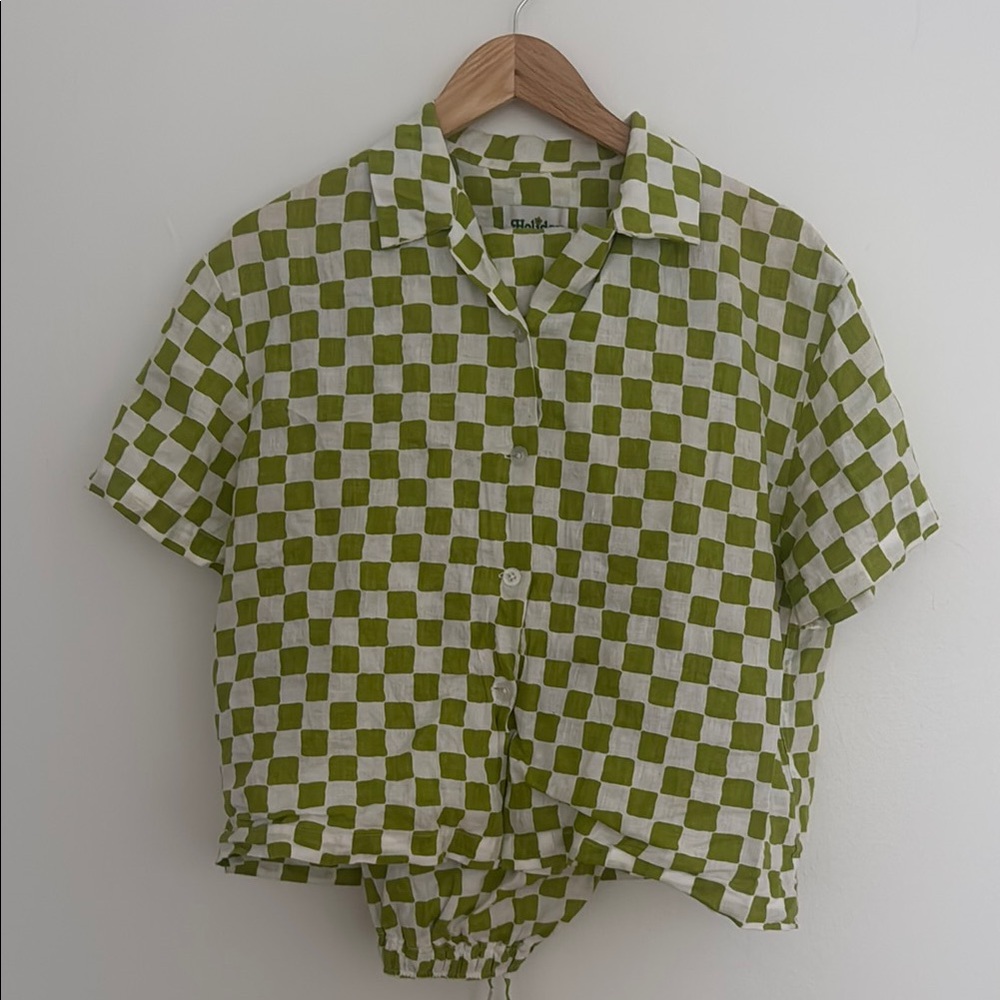 Green and White Checkered Button-Up Shirt & Pants